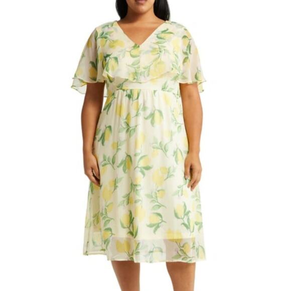 NWT Lemon Print Midi Dress Women 18 Yellow Vero Moda Curve Sheer Flutter Sleeve - Picture 2 of 16